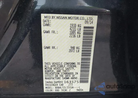 2015 Nissan Altima 2.5 Sl from USA, damaged, VIN 1N4AL3AP0FC163575